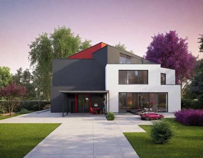 Design-Villa haus bauen, grundstücksbeschaffung, Architektur, Finanzierung, Flachdach und Pultdach kombineirt, Ansicht, großzügiger Garten, Fliederbäume